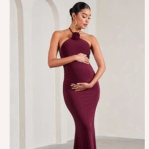 CLUB L LONDON BURGUNDY HALTER-NECK MATERNITY MAXI DRESS WITH FLOWER CORSAGE